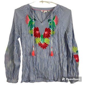 Boden US 4 Maria Blue White Striped Embroidered Floral Parrot Tassel Top